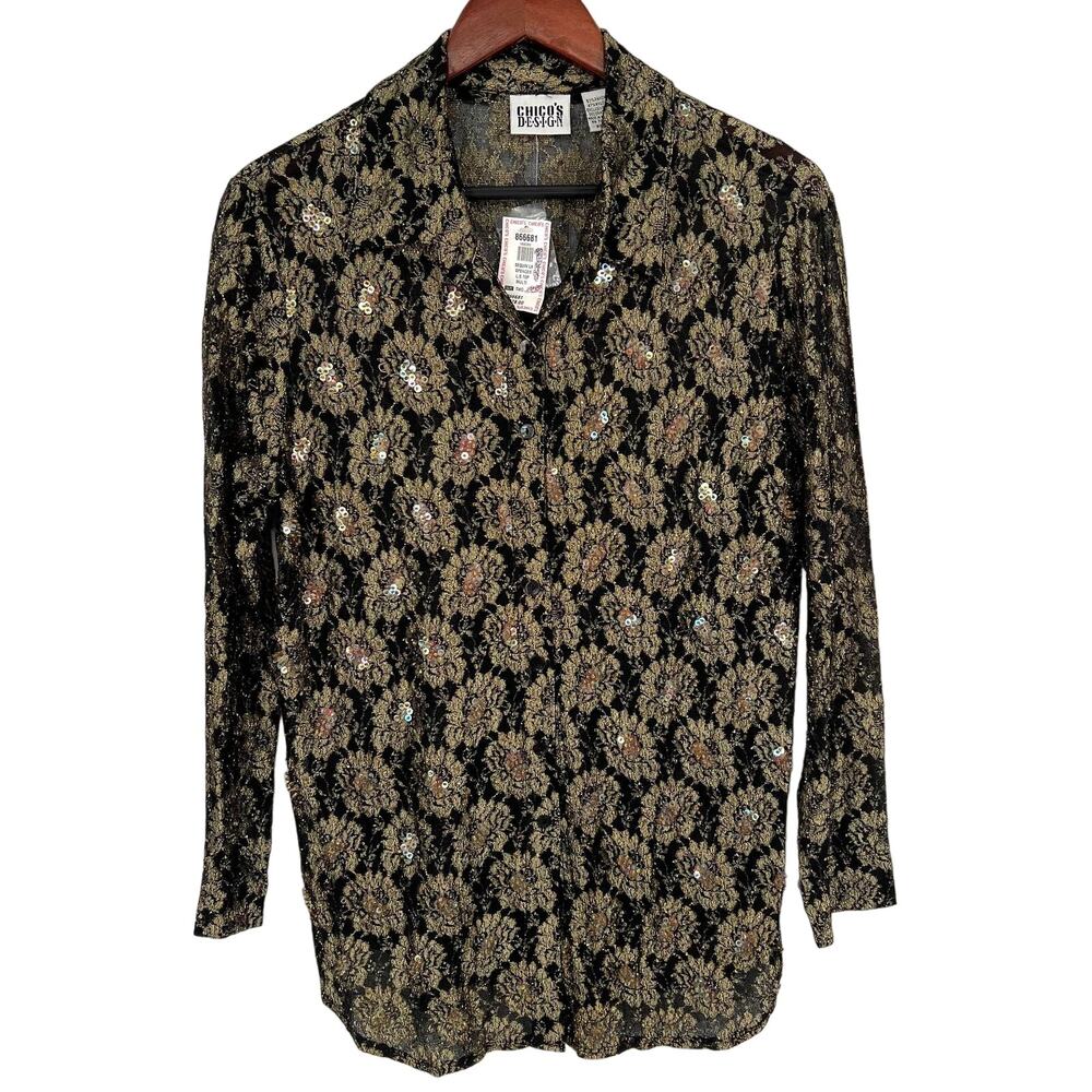 NEW NWT Chicos Design Size 2 Large Gold Black Sequin Blouse Shirt Top Formal